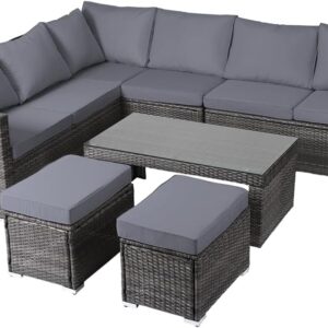 Panana 8 Seater Rattan Garden Sofa Set with Coffee Table Stool, Outdoor Lounge Set with Cushions & Free Cover, Garden Seating for Patio