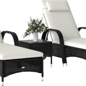 Outsunny Rattan Sun Loungers Set of 2 with Side Table Garden Set Black