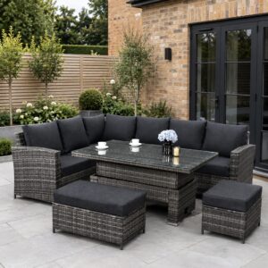 9 Seater Rattan Garden Furniture Set with Height Adjustable Rising Table - Outdoor Furniture Rattan Corner Sofa - Garden Patio Sets