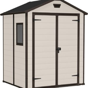 Keter, Manor Apex 6 x 5 ft Outdoor Garden Storage Shed, elegant wood-effect double door design for easy access, durable fade-free