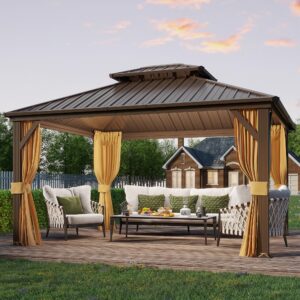 EROMMY 3x3.6M Hardtop Gazebo, Metal Double Roof Aluminum Gazebos with Curtain and Netting,Brown Permanent Galvanized Steel Pavilion for Patio, Lawn & Deck