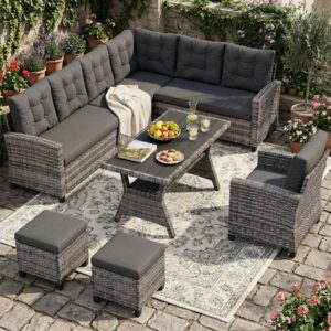 Amopatio 9 Seater Rattan Garden Corner Sofa Set, Patio Dining Set Conversation Set with WPC Dining Table & Storage Shelf & 8 cm Cushions