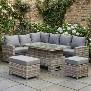 Club Rattan Harmony High Back Left Hand Corner Sofa Set with Rising Table in Grey, 9 seater rattan garden Garden furniture